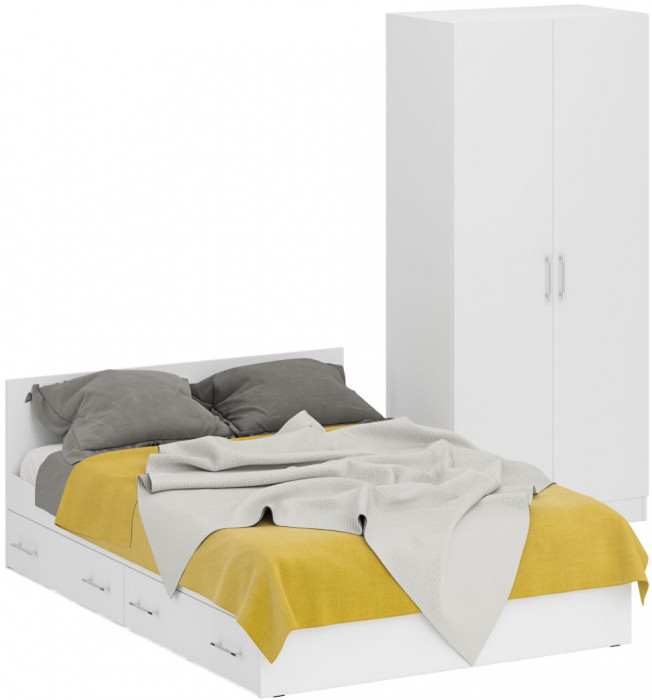 Кровать с ящиками 1400 + Шкаф 2-х створчатый Стандарт, белый
