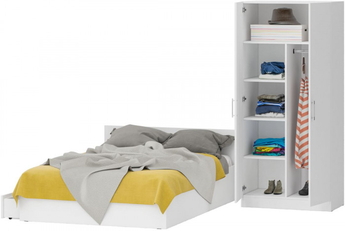 Кровать с ящиками 1400 + Шкаф 2-х створчатый Стандарт, белый