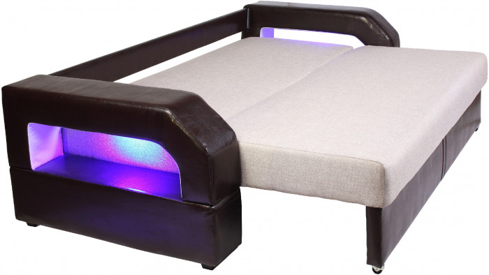 Диван-еврокнижка Манчестер 160х200, с подсветкой, велюр/экокожа бежевая/коричневая