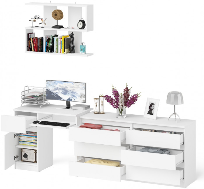 Мори компьютерный стол МС-1 левый + Комод МК1380.6 + Полка 900, белый