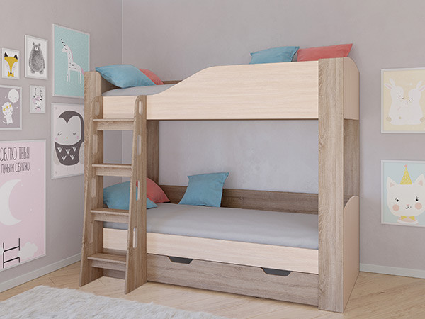 Кровать двухъярусная АСТРА 2 Сонома/Дуб молочный с ящиком