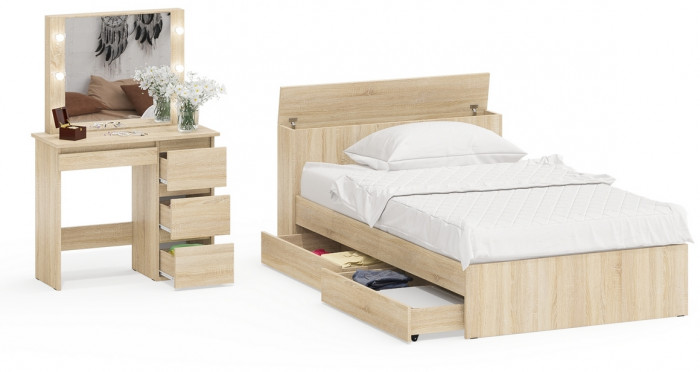 Ксения Кровать с ящиками 1200 + Стол косметический с подсветкой Сура, дуб сонома
