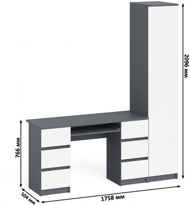 Мори компьютерный стол МС-2 + Пенал МШ400.1, графит/белый