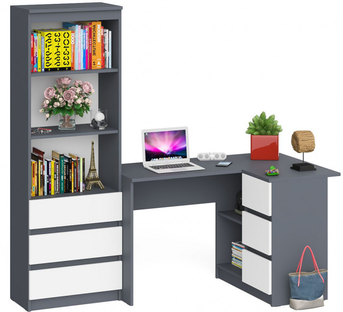 Мори Стол компьютерный МС-16 правый + Стеллаж МСТ600.3, цвет графит/белый, ШхГхВ 184,8х84,9х179,6 см., выдвижные ящики справа, НЕ универсальная сборка