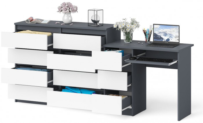 Мори Стол компьютерный МС-6 левый + Комод МК1200.8, цвет графит/белый, ШхГхВ 210,4х50х94 см., выдвижные ящики слева, НЕ универсальная сборка