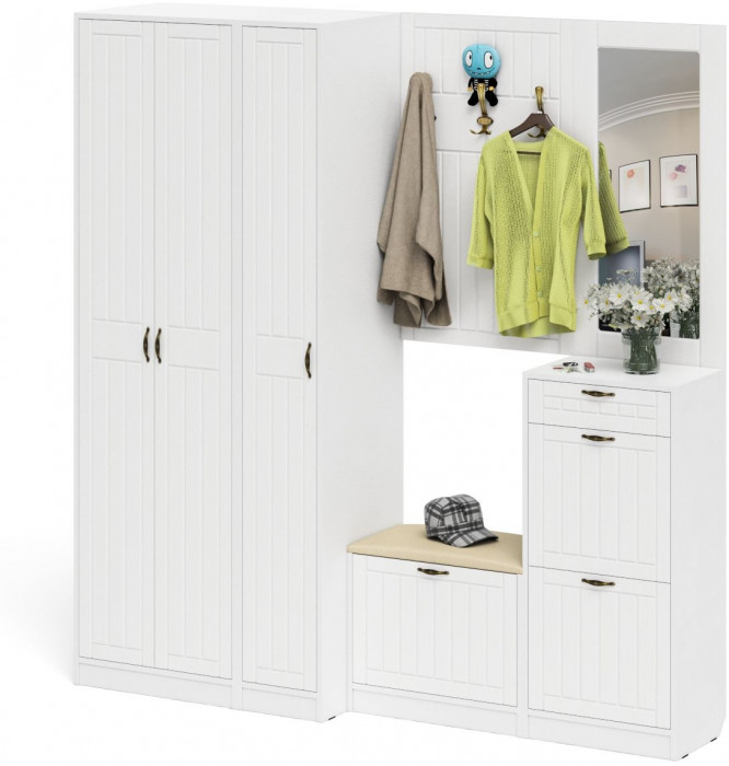 Прихожая П-6 Компоновка № 51, белая шагрень/фасады МДФ белое дерево фрезеровка прованс