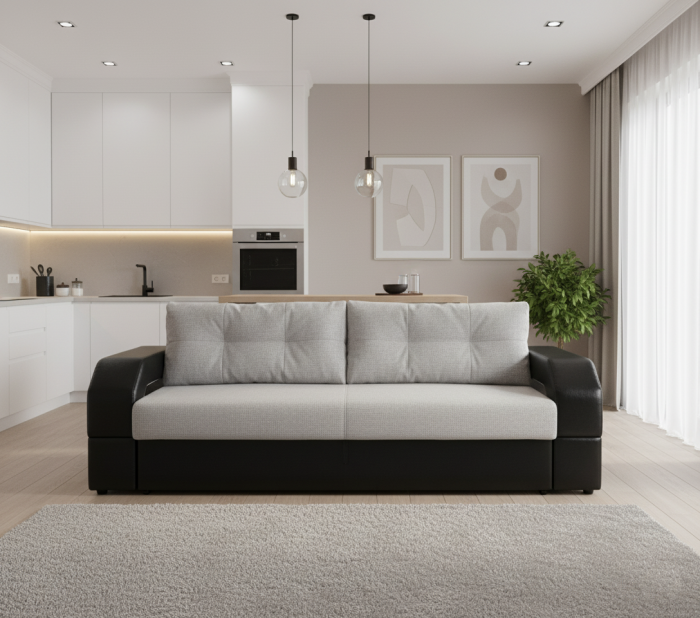 Диван-еврокнижка Манчестер 160х200, с подсветкой, велюр/экокожа серая/черная