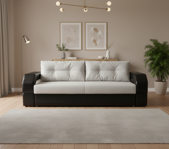 Диван-еврокнижка Манчестер 160х200, с подсветкой, велюр/экокожа серая/черная