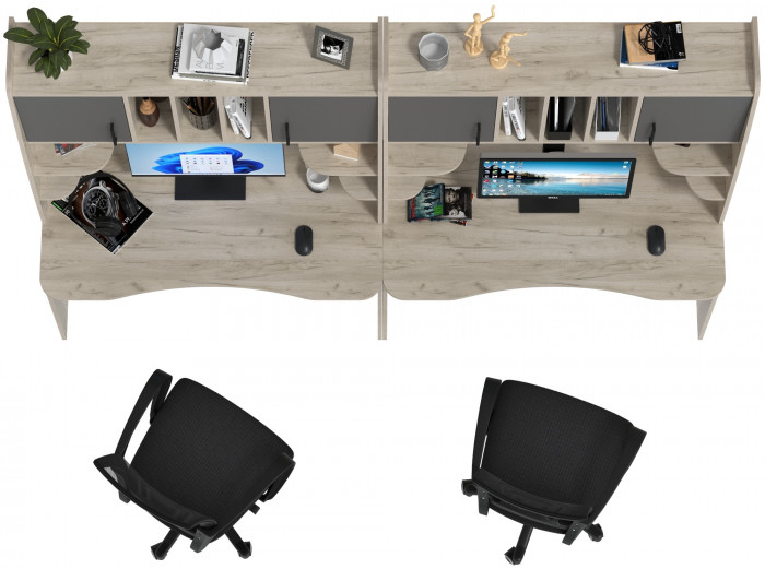 Два стола рабочих 6-0604 Бета + два кресла 103 чёрных, цвет дуб крафт серый/графит, ШхГхВ 240х60,5х183,5 см.