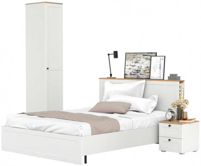 Остин 11.53 Кровать + ортопед + 13.225 Шкаф-пенал + 16.152 Тумба прикроватная, белый шагрень/дуб крафт золотой