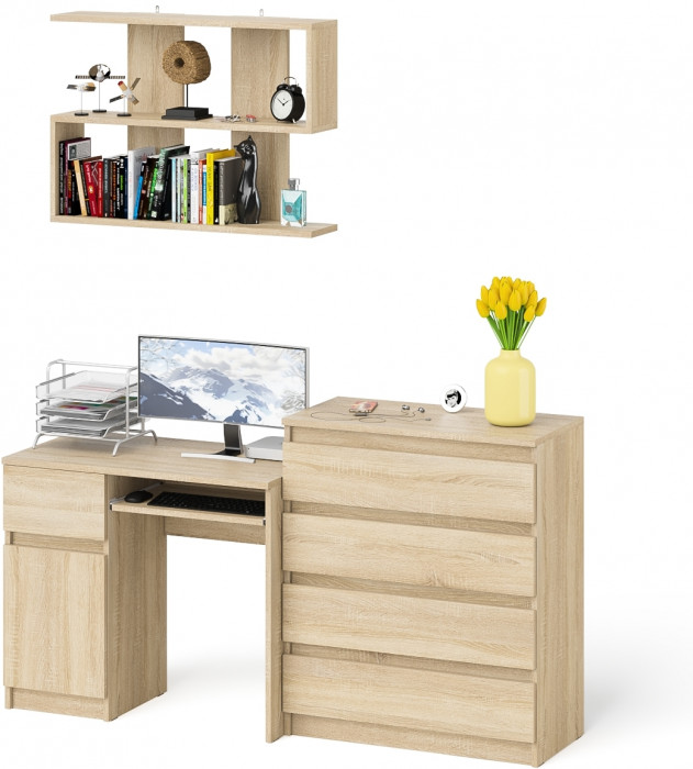 Мори Стол компьютерный МС-1 левый + Комод МК800.4 + Полка 900, цвет дуб сонома, ШхГхВ 170,4х50х209,6 см., НЕ универсальная сборка