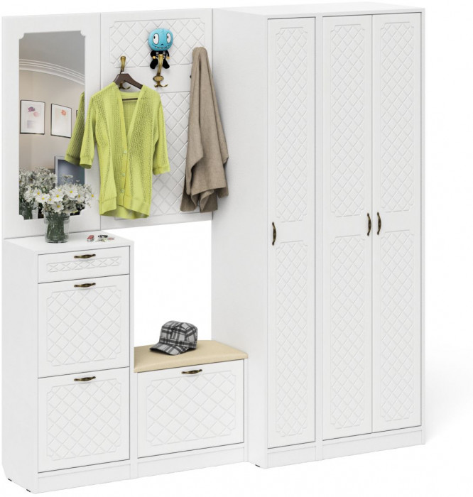 Прихожая П-6 Компоновка № 51, белая шагрень/фасады МДФ белое дерево фрезеровка ромб