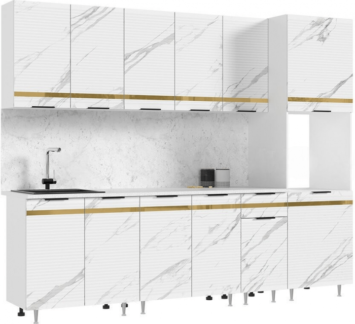 Кухня МДФ Милена 2600 (Белый, Мрамор золото, Антарес)