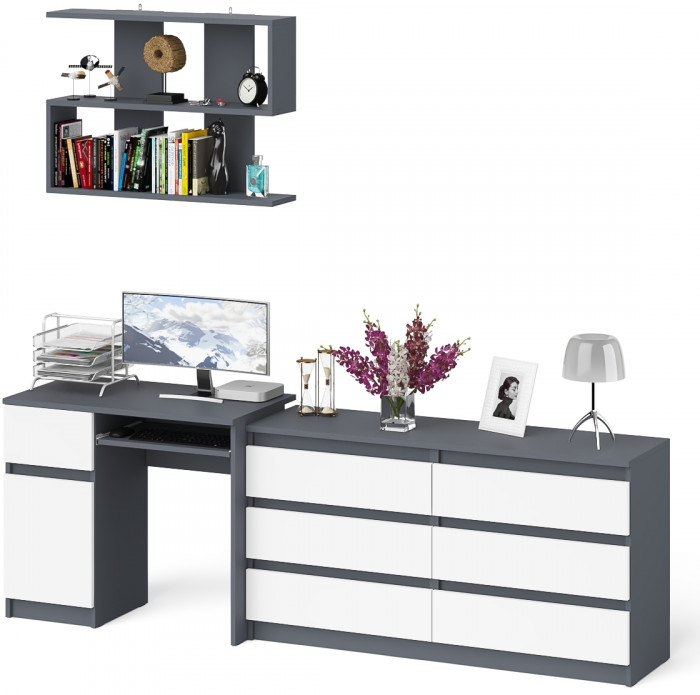 Мори компьютерный стол МС-1 левый + Комод МК1380.6 + Полка 900, графит/белый