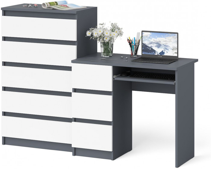 Мори компьютерный стол МС-6 левый + Комод МК700.5, графит/белый