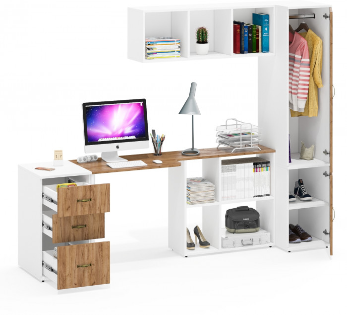 Лидер-8 Стол + Полка + Тумба МД 3.16 + Пенал МД 23Б, цвет белый шагрень/крафт золото, ШхГхВ 245х50/37,5х75/190 или 155х120/50х75/190 см., НЕ ун. сб.