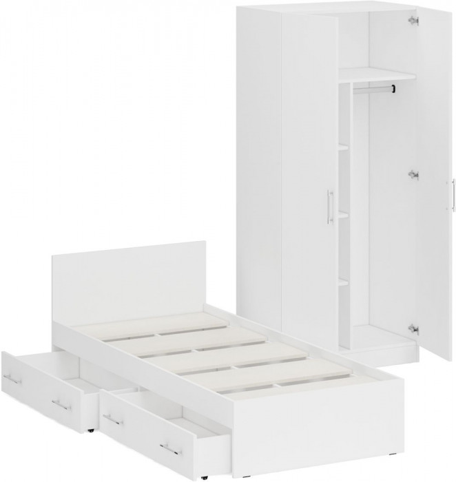 Кровать с ящиками 0900 + Шкаф 2-х створчатый Стандарт, белый