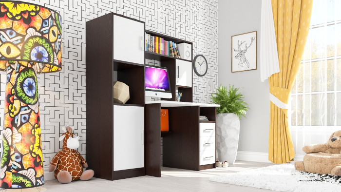 Стол компьютерный С-МД-СК9+Пенал С-МД-СК9П, цвет венге/белый шагрень, ШхГхВ 145х70х160 см., НЕ универсальная сборка