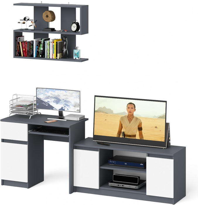 Мори компьютерный стол МС-1 левый + Тумба МТВ1200.1 + Полка 900, графит/белый