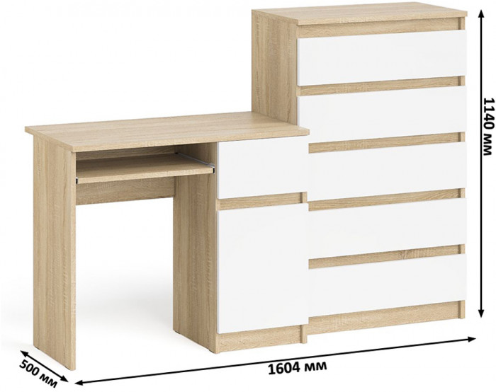 Мори Стол компьютерный МС-1 правый + Комод МК700.5, цвет дуб сонома/белый, ШхГхВ 160,4х50х114 см., выдвижной ящик справа, НЕ универсальная сборка
