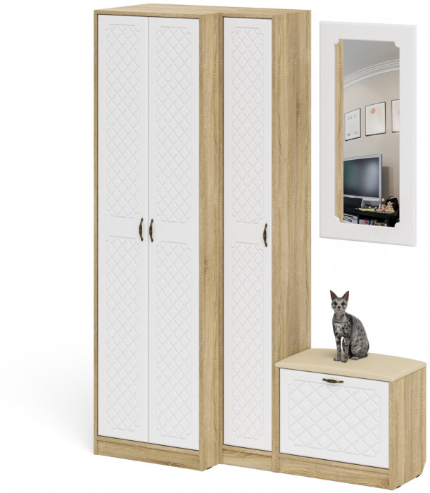 Прихожая П-6 Компоновка № 26, дуб сонома/фасады МДФ белое дерево фрезеровка ромб