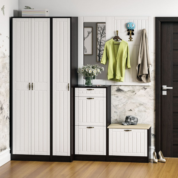 Прихожая П-6 Компоновка № 51, венге/фасады МДФ белое дерево фрезеровка прованс