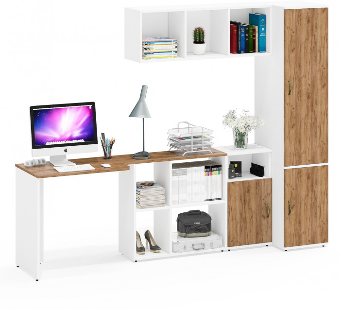 Лидер-8 Стол + Полка + Тумба МД 3.19 + Пенал МД 23Б, белый шагрень/крафт золото