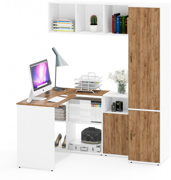 Лидер-8 Стол + Полка + Тумба МД 3.19 + Пенал МД 23Б, белый шагрень/крафт золото