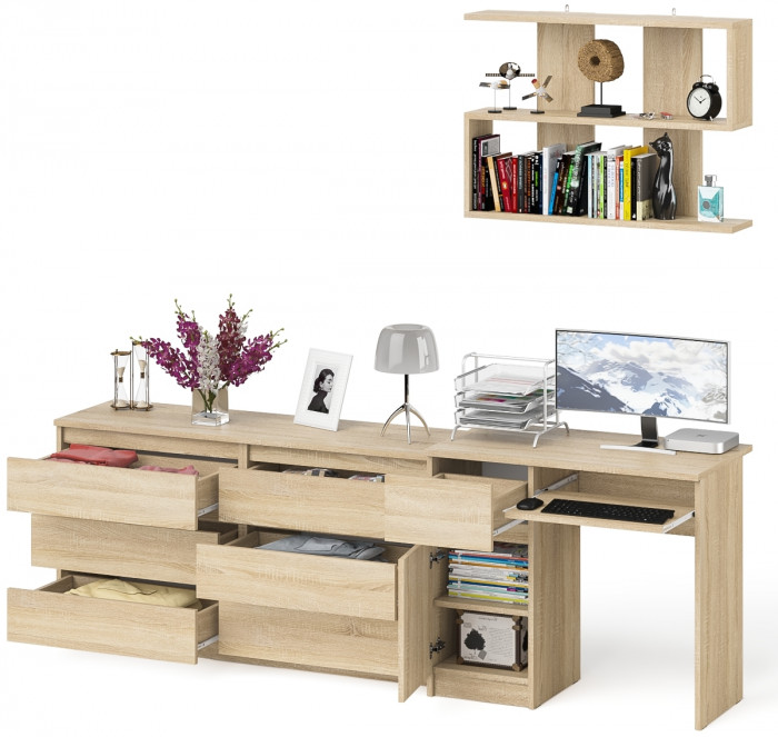 Мори компьютерный стол МС-1 левый + Комод МК1380.6 + Полка 900, дуб сонома