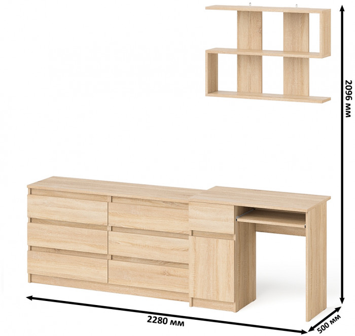 Мори компьютерный стол МС-1 левый + Комод МК1380.6 + Полка 900, дуб сонома