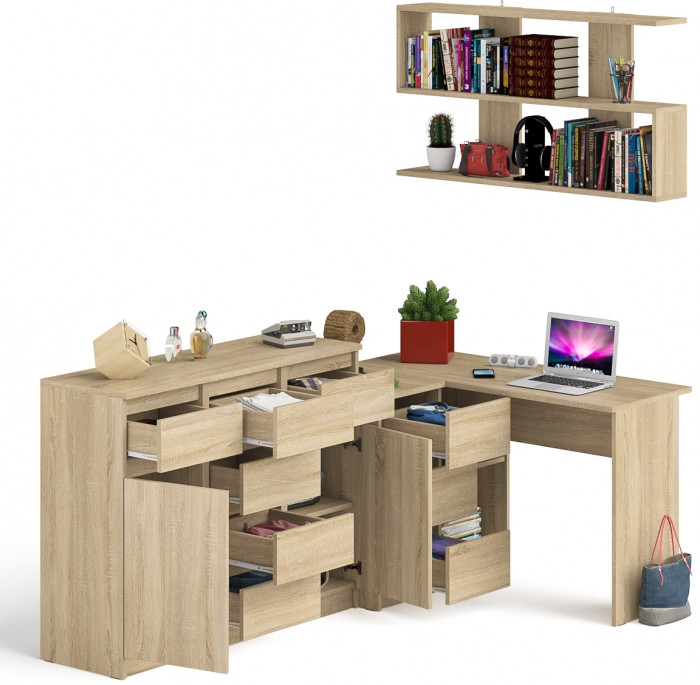 Мори компьютерный стол МС-16 левый + Комод МК1200.4 + Полка 1200, дуб сонома