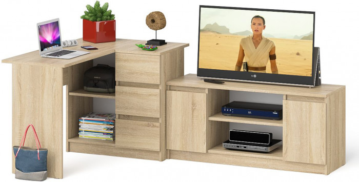 Мори компьютерный стол МС-16 правый + Тумба МТВ1200.1, дуб сонома