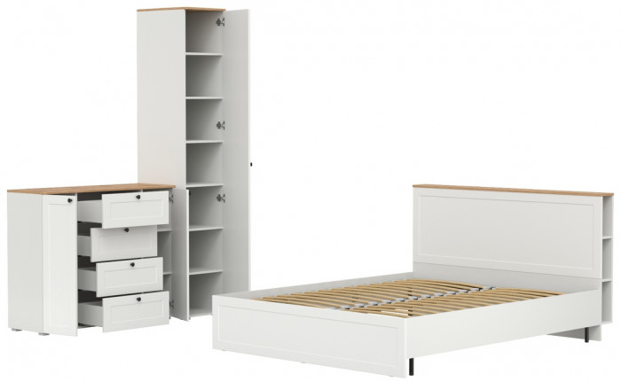 Остин 11.53 Кровать + ортопед + 13.225 Шкаф-пенал + 16.221 Комод, белый шагрень/дуб крафт золотой