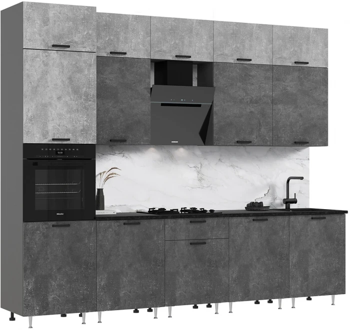 Кухня Рио NEW ЛДСП 3,0м/1080м (490) Компановка №3/1, Бетон светлый/Бетон темный/Белый глянец, Графит