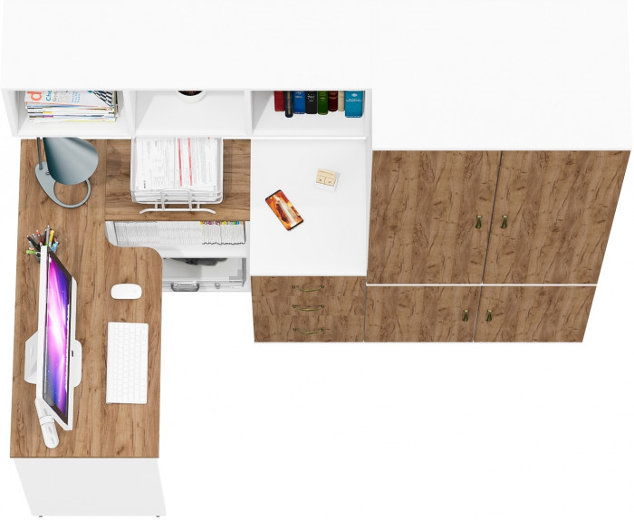 Лидер-8 Стол + Полка + Тумба МД 3.16 + Шкаф МД 19Б, цвет белый шагрень/крафт золото, ШхГхВ 285х50/50х75/190 или 115х200/50х75/190 см., НЕ ун. сб.