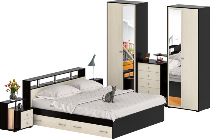 Камелия спальня № 11 Кровать с ящиками 1800 + Две тумбы + Комод + Шкаф 4-х створчатый, цвет венге/дуб лоредо, сп.м. 1800х2000 мм., б/м, основание есть