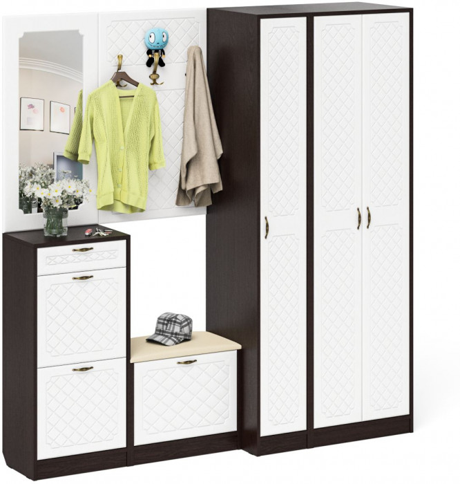 Прихожая П-6 Компоновка № 51, венге/фасады МДФ белое дерево фрезеровка ромб