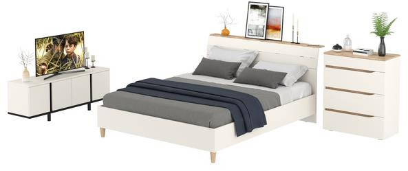 Муссон Кровать 11.41 + ортопед + Комод 13.97 + Тумба ТВ 13.276, цвет белый/чёрный/дуб эндгрейн элегантный, сп. м. 1600х2000 мм., б/м
