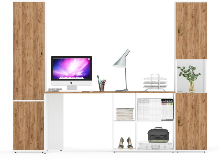 Лидер-8 Пенал МД 22Б + Стол + Пенал, белый шагрень/крафт золото