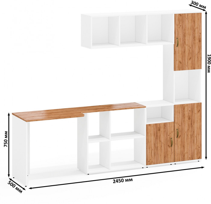 Лидер-8 Стол + Полка + Тумба МД 3.19 + Пенал, белый шагрень/крафт золото