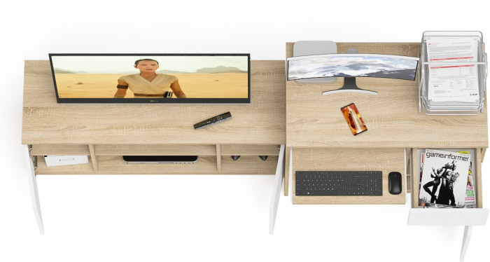 Мори компьютерный стол МС-1 правый + Тумба МТВ1200.1, дуб сонома/белый