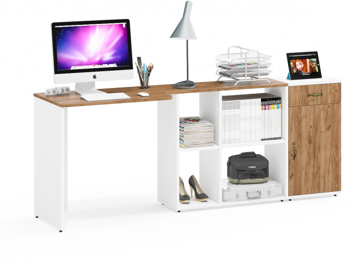 Лидер-8 Стол + Тумба МД 3.15, цвет белый шагрень/крафт золото, ШхГхВ 205х50/30х75 см. или 115х50/120х75 см., НЕ универсальная сборка