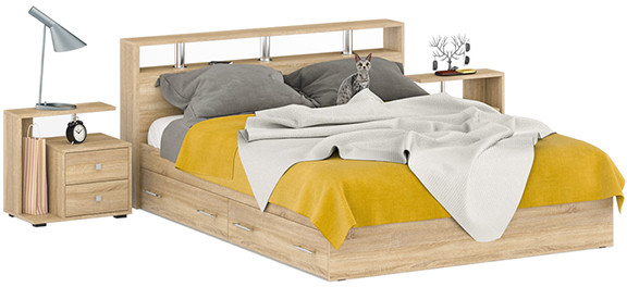 Камелия Кровать с ящиками 1600 + две тумбы, дуб сонома