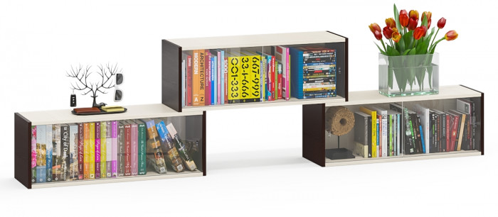 Три полки книжных С-МД-КН01, цвет венге/дуб, ШхГхВ размер каждой полки в отдельности: 83х25х30 см., стеклянные дверцы