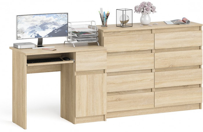 Мори компьютерный стол МС-1 правый + Комод МК1200.8, дуб сонома