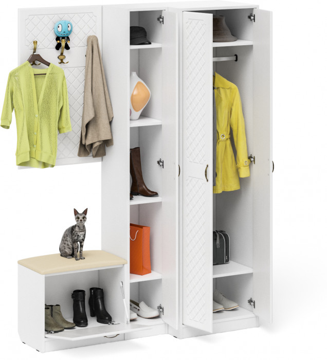 Прихожая П-6 Компоновка № 27, белая шагрень/фасады МДФ белое дерево фрезеровка ромб