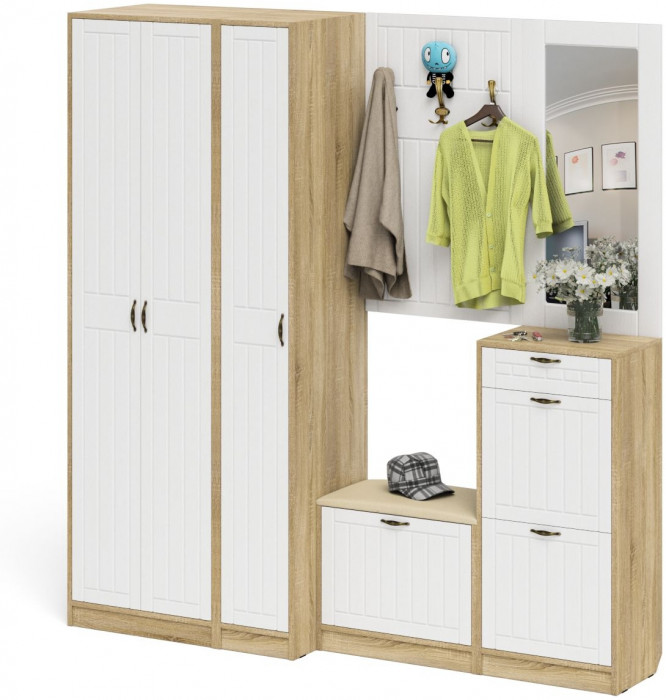 Прихожая П-6 Компоновка № 51, дуб сонома/фасады МДФ белое дерево фрезеровка прованс