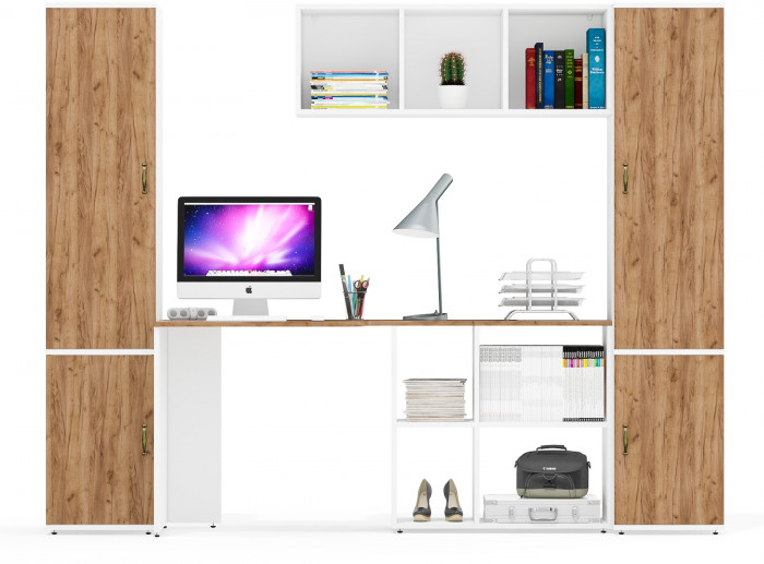 Лидер-8 Пенал МД 22Б + Стол + Полка + Пенал 21Б, белый шагрень/крафт золото