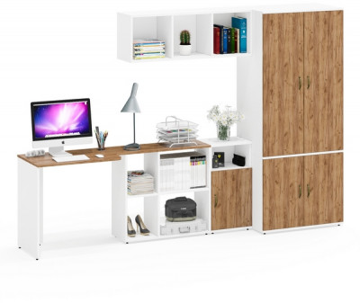 Лидер-8 Стол + Полка + Тумба МД 3.19 + Шкаф МД 19Б, белый шагрень/крафт золото