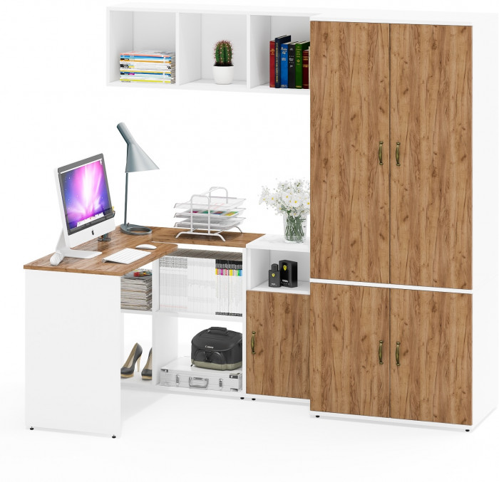 Лидер-8 Стол + Полка + Тумба МД 3.19 + Шкаф МД 19Б, белый шагрень/крафт золото